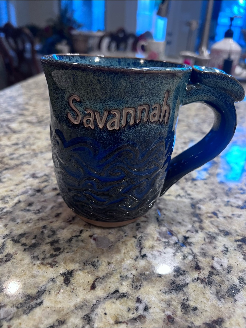 Handmade Pottery Mug Savannah Georgia Blue Glaze Wave Stoneware Coffee Cup Sign
